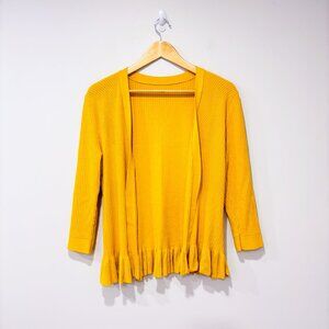 Yellow Open-Front Rib Knit Cardigan with Ruffle Hem | Small *